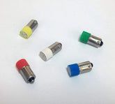 Mini LED BA9S indicator light bulbs with colored caps in red, yellow, white, green, and blue for bayonet screw fitting.